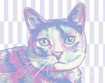 May include: A colorful illustration of a cat with green eyes and a white heart on its collar. The cat is drawn in a pastel color palette with shades of pink, blue, and purple.