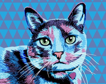 May include: A blue and purple cat with green eyes and white whiskers, against a blue and purple triangle pattern background.