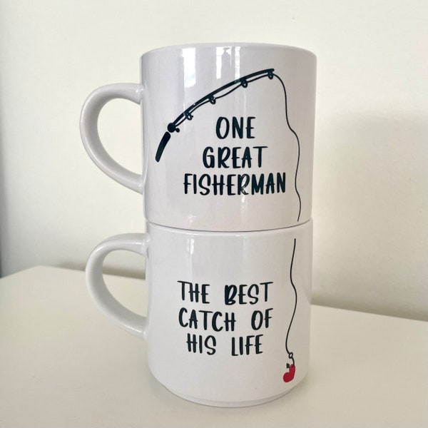 Couples Mug Set | Stackable Mugs | Engagement Gift | Wedding Present | Fishing | Fisherman | Husband and Wife