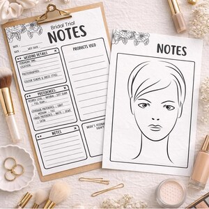 May include: Two-page bridal makeup trial notes with a clipboard and a face chart. The clipboard has sections for wedding details, preferences, and notes. Makeup brushes, lipsticks, and other beauty products surround the notes.
