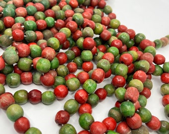 Vintage / Antique Distressed Red & Green Wood Bead Christmas Garland 9-10 Feet Long