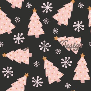 Peut inclure: Un motif sans couture représentant des sapins de Noël roses avec des étoiles dorées et des pois blancs sur un fond noir. Le motif comprend également des flocons de neige blancs.