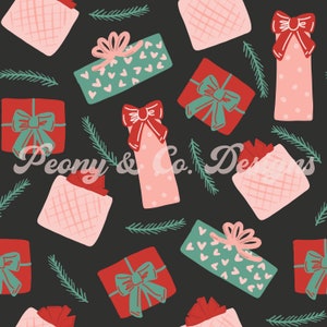 Peut inclure: Un motif sans couture représentant divers coffrets cadeaux avec des designs et des couleurs différents. Les boîtes sont emballées dans du papier rouge, rose et vert avec des pois blancs, des cœurs et des motifs à carreaux. Les boîtes sont décorées de nœuds rouges, verts et blancs. Le fond est noir et présente des branches de pin vertes.