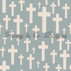 May include: A seamless pattern featuring white crosses of various sizes on a light blue background. The text "Peony & Co. Designs" is visible in the center of the image.