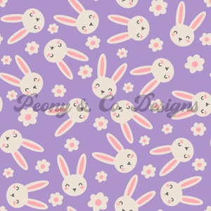 May include: A seamless pattern featuring white bunnies with pink ears and closed eyes on a purple background. White flowers with yellow centers are scattered throughout the pattern.
