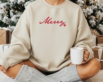 Christmas Sweatshirt for Dog Lovers, Merry Paw Print Holiday Crewneck, Festive Dog Sweater, Dog Mom Gift, Dog Dad Sweatshirt
