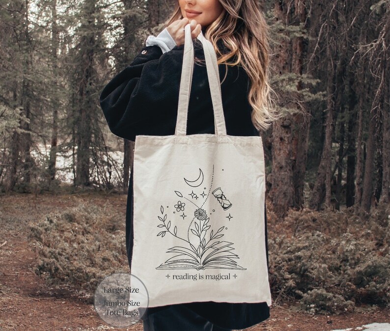 Book Lover Tote Bag, Bookish Tote Bag, Bookworm Tote Bag, Book Lover Gift, Floral Book Tote, Reading Quote Tote, Book Magic Canvas Tote Bag afbeelding 2