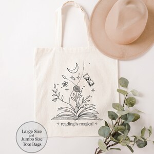 Book Lover Tote Bag, Bookish Tote Bag, Bookworm Tote Bag, Book Lover Gift, Floral Book Tote, Reading Quote Tote, Book Magic Canvas Tote Bag afbeelding 1