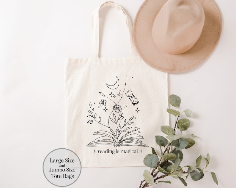 Book Lover Tote Bag, Bookish Tote Bag, Bookworm Tote Bag, Book Lover Gift, Floral Book Tote, Reading Quote Tote, Book Magic Canvas Tote Bag afbeelding 1