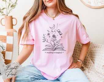 Reading Is Magical Shirt, Floral Book and Moon Shirt, Reading Shirt, Book Lover Shirt, Bookworm Shirt, Book Nerd Shirt, Reader Shirt