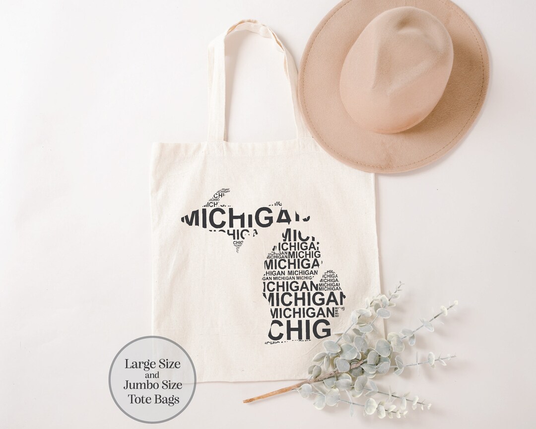 LEVLO Michigan State Map Tote Bag - Canvas Shoulder Bag With Vintage Cartoon Illustration, Travel Souvenir Gift