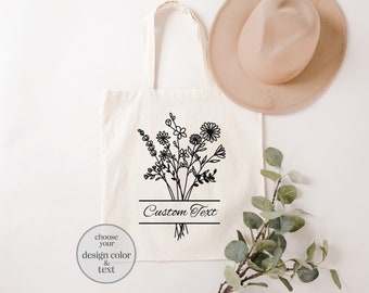 Tote Bag, Custom Floral Tote bag, Custom text Tote Bag, Canvas Tote Bag, Aesthetic Tote Bag, Cute Tote Bag, Trendy Tote Bag, Plants Tote Bag