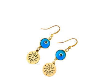 Evil Eye Earrings, Gold plated drop earrings, Sun charm, Nazar Protection, Meaningful Bridesmaid gift, Authentic symbol Jewelry