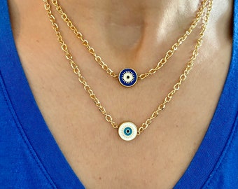 Evil Eye Necklace, Good luck pendant, Trendy Layering chain, Non tarnish disc charm, Meaningful gift for her, Protection Amulet