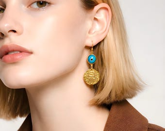 Gold Evil Eye Earrings, Authentic Hamsa Jewelry, Amulet protection, Meaningful gift for her
