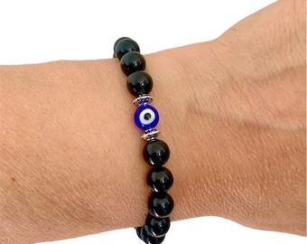 Evil eye stretch bracelet, Black onyx beaded stacked bracelet, Unisex evil eye protection bracelet, Friendship bracelet, Couple bracelet