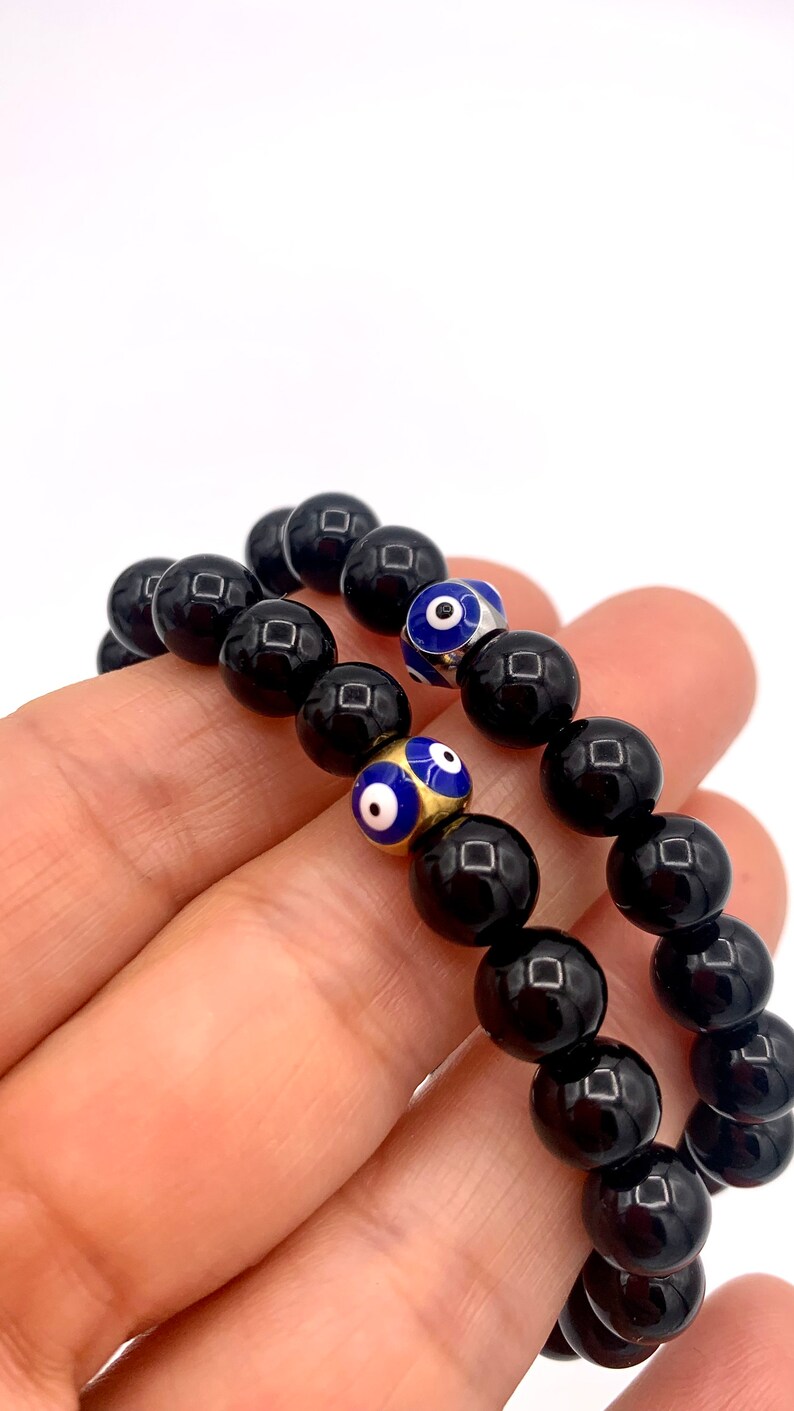 Evil Eye Bracelet, Black Onyx Stretch Bracelet, Stainless Steel Beaded