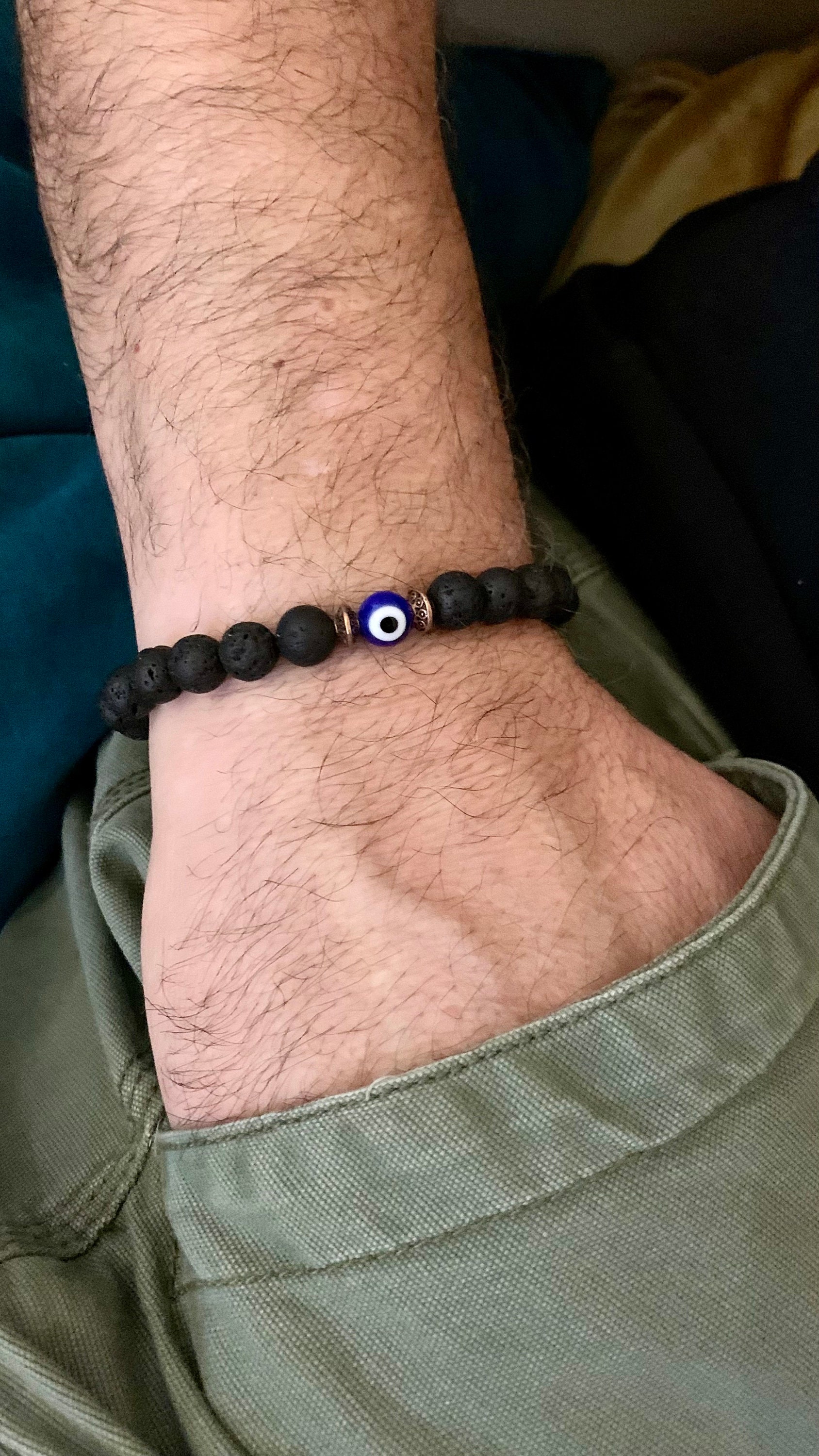 Evil Eye Bracelet for Men, Black Lava Beaded Stretch Bracelet, Mens ...