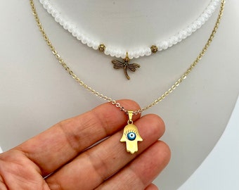 Evil Eye Pearl Necklace Set, Hamsa Layering, Stainless Steel Symbol charm, Protection, Good Luck