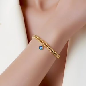 Gold Evil Eye Bracelet, Non tarnish Gold Beaded Stacked bracelets, Blue Amulet charm