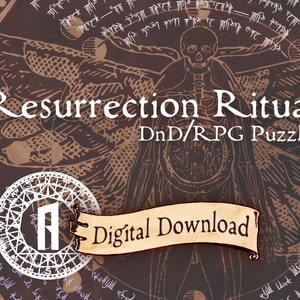 May include: A digital download for a Dungeons and Dragons or RPG puzzle titled "Resurrection Ritual". The image features a skeletal figure with wings, surrounded by a circular design and text.