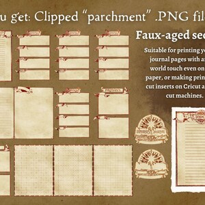 May include: A set of printable journal pages with a faux-aged parchment design. The pages include lined, gridded, and blank sections, as well as an index page. The text "Faux-aged sections" is included in the image.  Suitable for printing your own journal pages with an old-world touch even on plain paper, or making print-then-cut inserts on Cricut and die-cut machines.