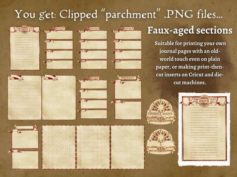 May include: A set of printable journal pages with a faux-aged parchment design. The pages include lined, gridded, and blank sections, as well as an index page. The text "Faux-aged sections" is included in the image.  Suitable for printing your own journal pages with an old-world touch even on plain paper, or making print-then-cut inserts on Cricut and die-cut machines.