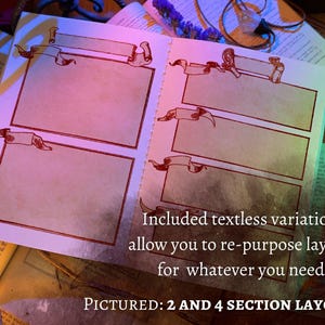 May include: A vintage-style journal with two and four section layouts. The pages are blank and ready for writing or drawing. The journal has a brown and white color scheme with a textured paper background.