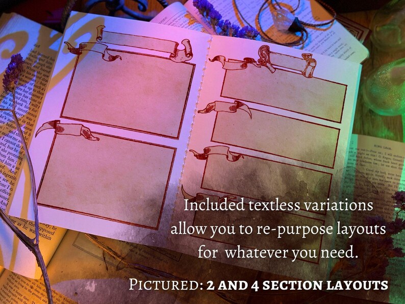 May include: A vintage-style journal with two and four section layouts. The pages are blank and ready for writing or drawing. The journal has a brown and white color scheme with a textured paper background.