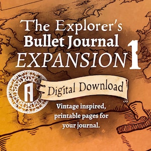 Puede incluir: Un fondo de mapa del mundo de inspiración vintage con el texto "The Explorer's Bullet Journal EXPANSION 1 Digital Download Vintage inspired, printable pages for your journal."