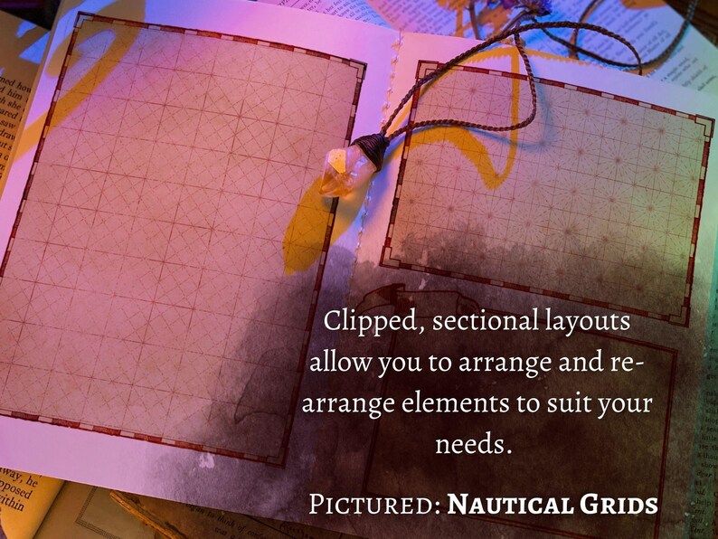 May include: A close-up of a book with two pages open, showing a grid pattern on each page. The text on the page reads "Clipped, sectional layouts allow you to arrange and rearrange elements to suit your needs. PICTURED: NAUTICAL GRIDS".