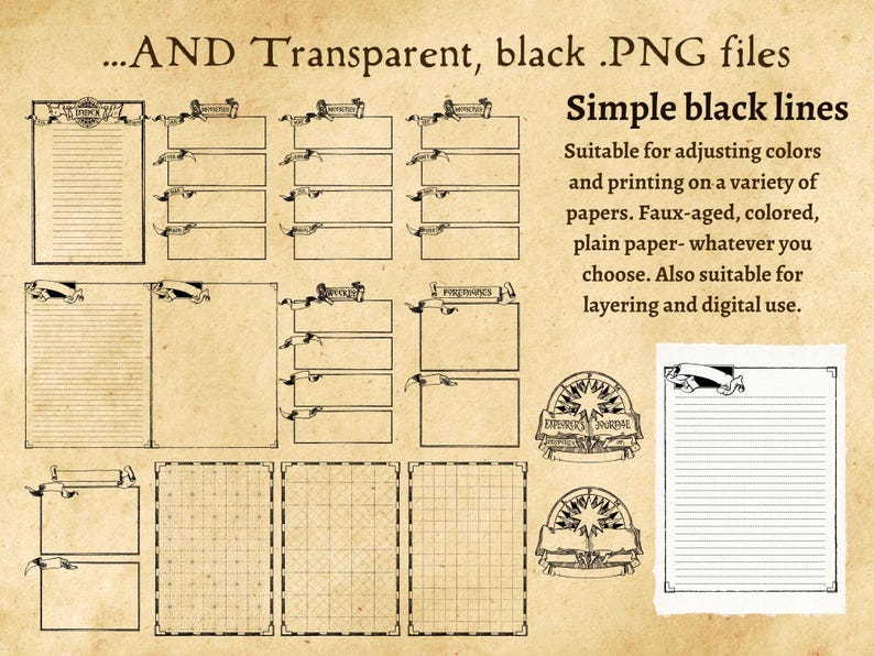 May include: A set of printable black and white journal pages with various layouts, including lined, grid, and blank pages. The pages are designed for use with digital or physical journals.