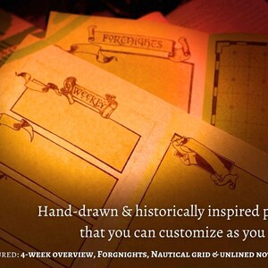 May include: A close-up of a set of blank, hand-drawn planner pages with headings "FOREHIGHTS" and "WEEKLY". The pages are designed for customizing and include a 4-week overview, forgnights, a nautical grid, and unlined notes pages.