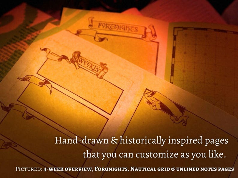 May include: A close-up of a set of blank, hand-drawn planner pages with headings "FOREHIGHTS" and "WEEKLY". The pages are designed for customizing and include a 4-week overview, forgnights, a nautical grid, and unlined notes pages.