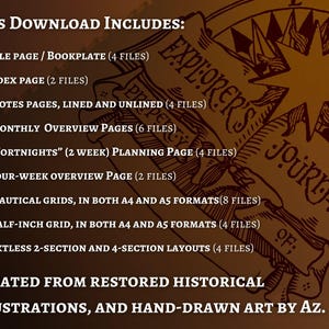 May include: A brown and red illustration of an explorer's journal with a compass rose and the text "Explorer's Journal of:". The text "This Download Includes:" is listed with a bullet point list of printable journal pages, including title page, index page, notes pages, monthly overview pages, planning pages, overview pages, nautical grids, half-inch grid, and textless layouts.