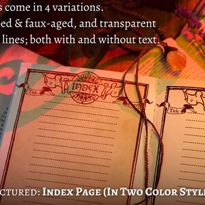 May include: A close-up of an index page from a book with the word "Index" printed in a decorative font. The page is divided into two columns with the word "Title" at the top of each column. The page is a light brown color with a red tint. The text "PICTURED: INDEX PAGE (IN TWO COLOR STYLES)" is printed at the bottom of the page.