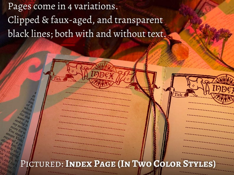 May include: A close-up of an index page from a book with the word "Index" printed in a decorative font. The page is divided into two columns with the word "Title" at the top of each column. The page is a light brown color with a red tint. The text "PICTURED: INDEX PAGE (IN TWO COLOR STYLES)" is printed at the bottom of the page.