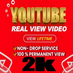 Puede incluir: Un gráfico promocional rojo brillante con el texto 3D dorado YOUTUBE, seguido de texto blanco que dice REAL VIEW VIDEO, VIEW LIFETIME, NON-DROP SERVICE, 100% PERMANENT VIEW, y una etiqueta negra 2K con iconos de botón de reproducción.