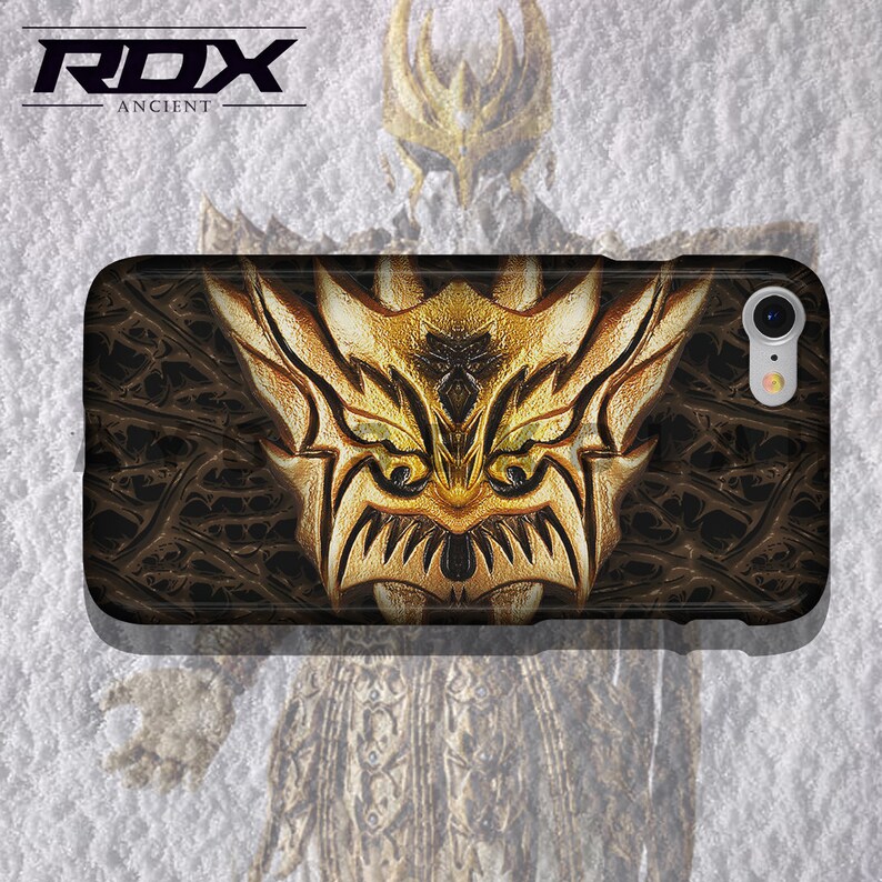 May include: A black phone case with a gold dragon design. The dragon has sharp teeth and claws. The case has a textured background.
