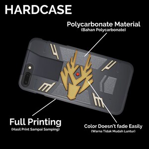 May include: A black phone case with a gold design. The case is made of polycarbonate material and features full printing, meaning the design extends to the edges of the case. The text "HARDCASE" is at the top of the image. The text "Polycarbonate Material (Bahan Polycarbonate)" is at the top of the image. The text "Full Printing (Hasil Print Sampai Samping)" is at the bottom left of the image. The text "Color Doesn't fade Easily (Warna Tidak Mudah Luntur)" is at the bottom right of the image.