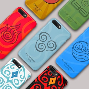 May include: A collection of phone cases in various colors, each featuring unique designs and text. The cases showcase symbols and text in multiple languages, including English and Chinese. The designs include swirling patterns, geometric shapes, and elemental themes.