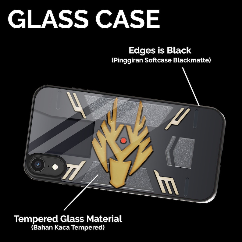 May include: A black phone case with a gold design and a tempered glass back. The edges of the case are black. The text "Edges is Black (Pinggiran Softcase Blackmatte)" is at the top of the image. The text "Tempered Glass Material (Bahan Kaca Tempered)" is at the bottom of the image.