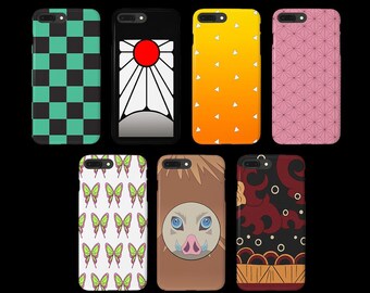 May include: A collection of phone cases featuring various designs. The cases showcase patterns like a green and black checkerboard, a red sun with white rays, and a yellow gradient with white triangles. Other cases display butterfly, boar, and floral designs. The text "KNY PATTERN" is at the bottom.