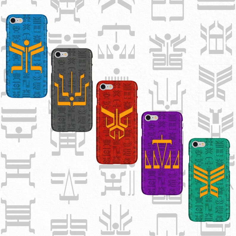 May include: Five different phone cases with a variety of geometric patterns and symbols. The cases are all black, blue, red, purple, and green.