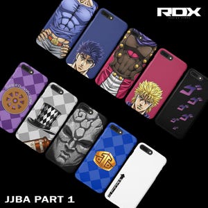 May include: A collection of phone cases featuring various character designs from JJBA Part 1. The cases display a range of colors, including blue, purple, white, and black, with detailed illustrations and graphic elements. The RDX logo is visible in the top right corner.