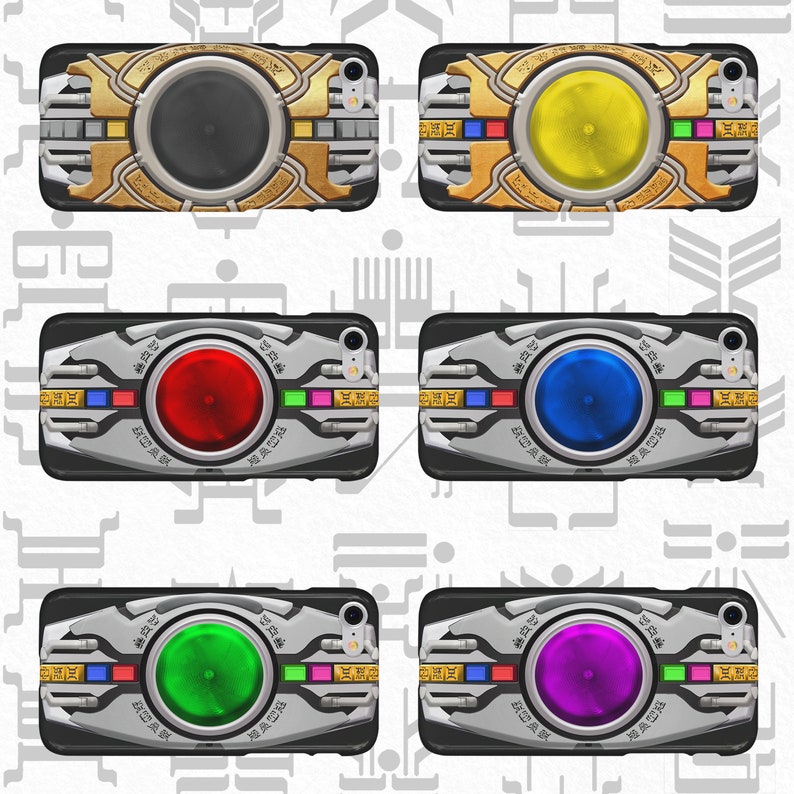 May include: Five different colored phone cases with a silver and black design. Each case has a different colored circle in the center. The circles are yellow, red, blue, green, and purple.