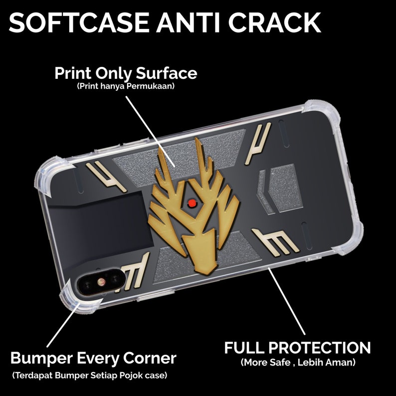 May include: A clear phone case with a black and gold design. The case has a raised design on the back and a clear bumper around the edges. The text "Print Only Surface" and "(Print hanya Permukaan)" is visible on the image. The text "Bumper Every Corner" and "(Terdapat Bumper Setiap Pojok case)" is visible on the image. The text "FULL PROTECTION" and "(More Safe, Lebih Aman)" is visible on the image.