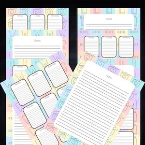 May include: Dental-themed planner pages with pastel backgrounds and tooth, toothbrush, and dental tool illustrations. Each page features sections for daily notes and appointments, with the word "Notes" and days of the week.