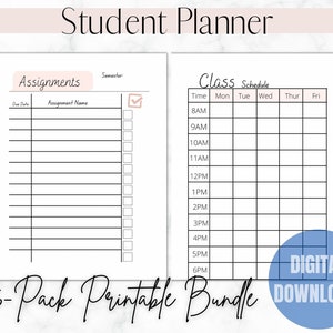 May include: A printable student planner with a black and white grid layout. The planner includes sections for assignments, due dates, assignment names, and a class schedule. The text "Student Planner" is at the top of the page. The text "6-Pack Printable Bundle" is at the bottom of the page.