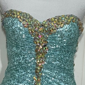 Aqua Sequin Gown With Gold Rhinestone Trim by Royal Queen  Size: 4